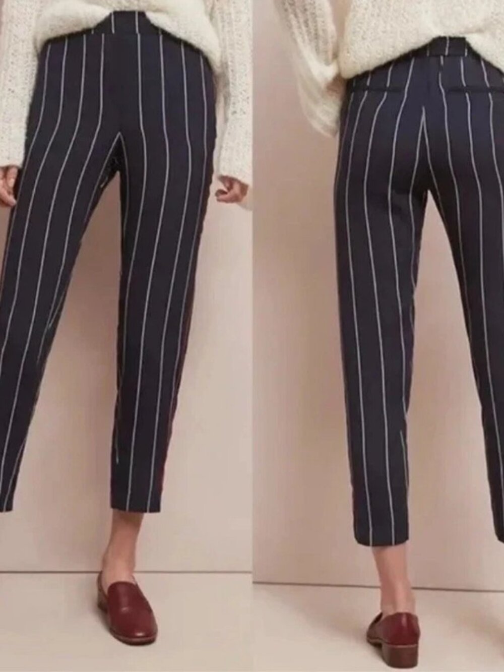 ETT TWA S Piped Navy/White Striped Trousers Slit Polyester Cropped